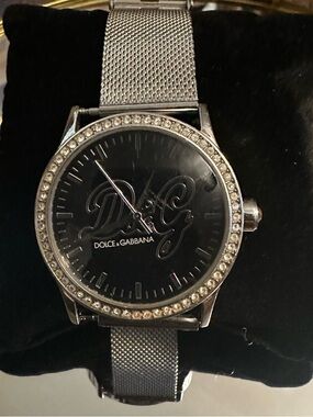 Dolce & Gabbana Silver Watch with Black Dial and Crystal Bezel